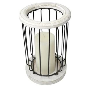 VTG Candle Holder w/ Pillar Candle 10” White Wood Black Metal Bird Cage Lantern